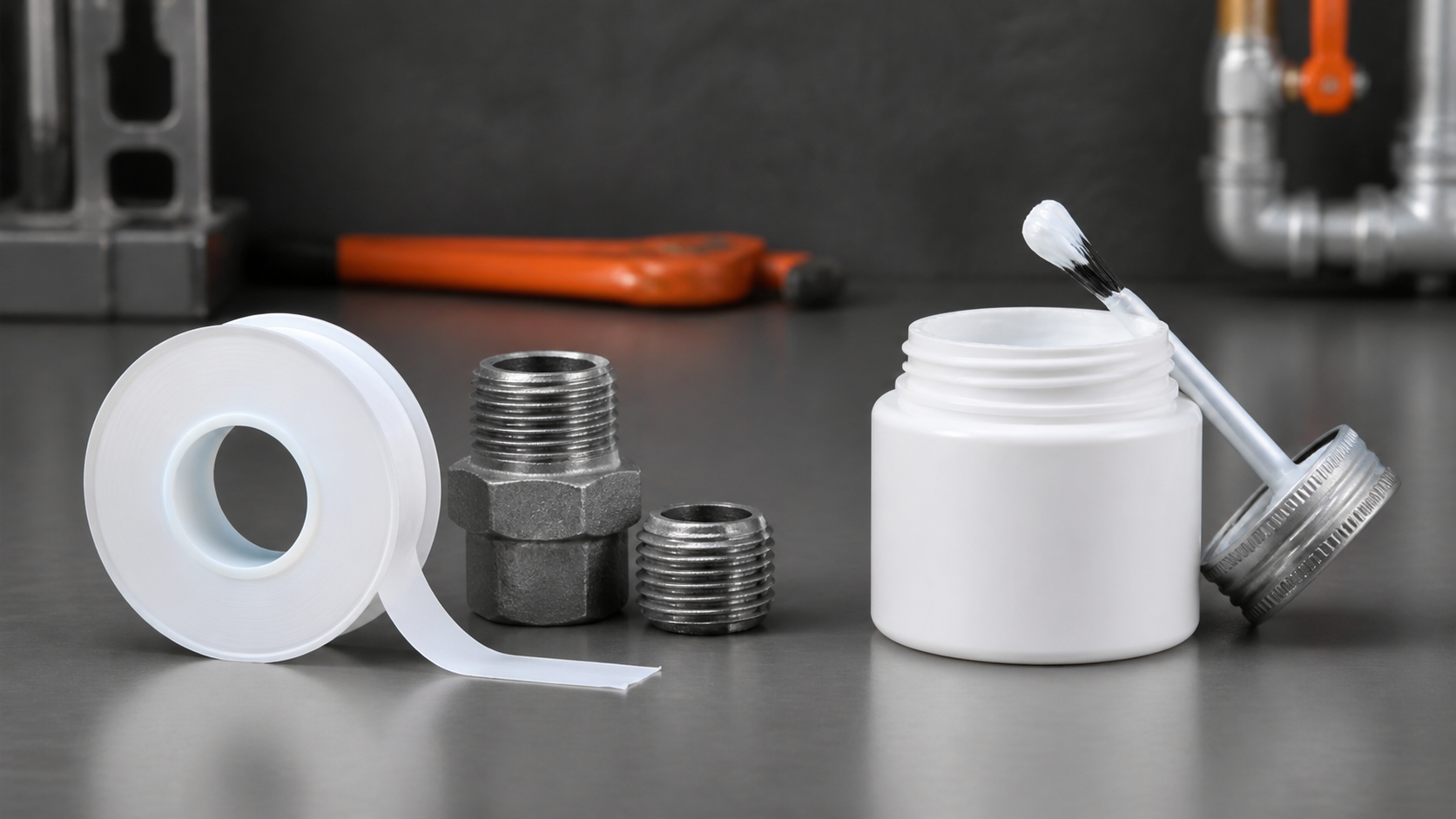 PTFE tape and pipe dope arranged beside threaded metal fittings