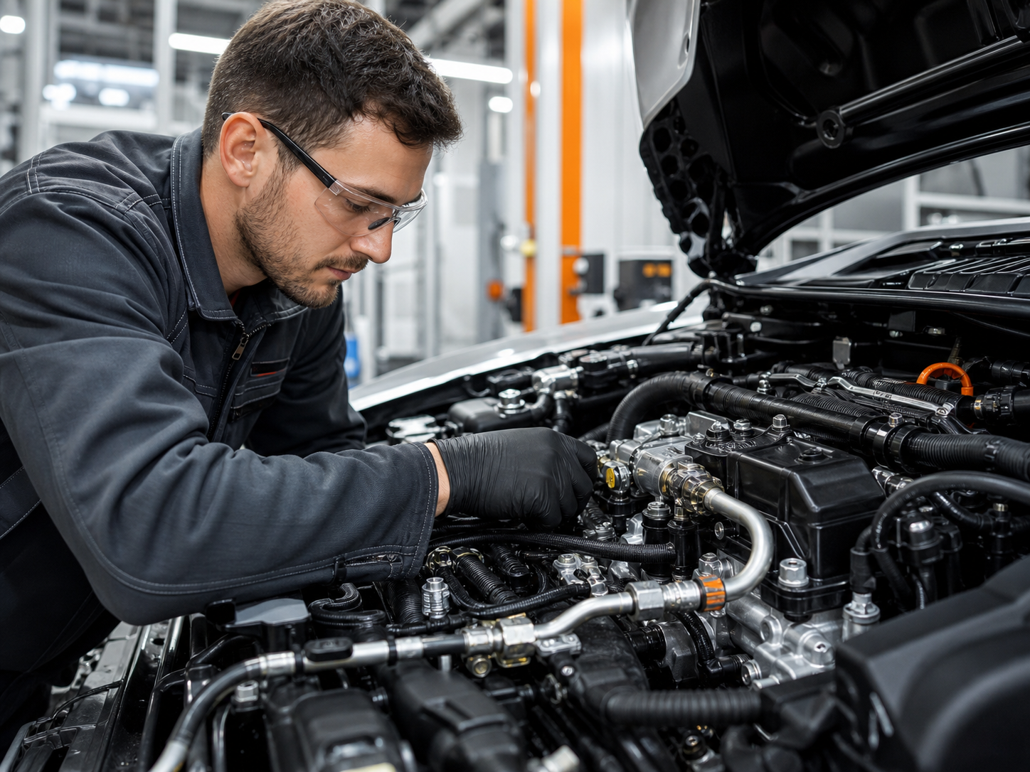 Automotive technician inspecting engine pipe connections