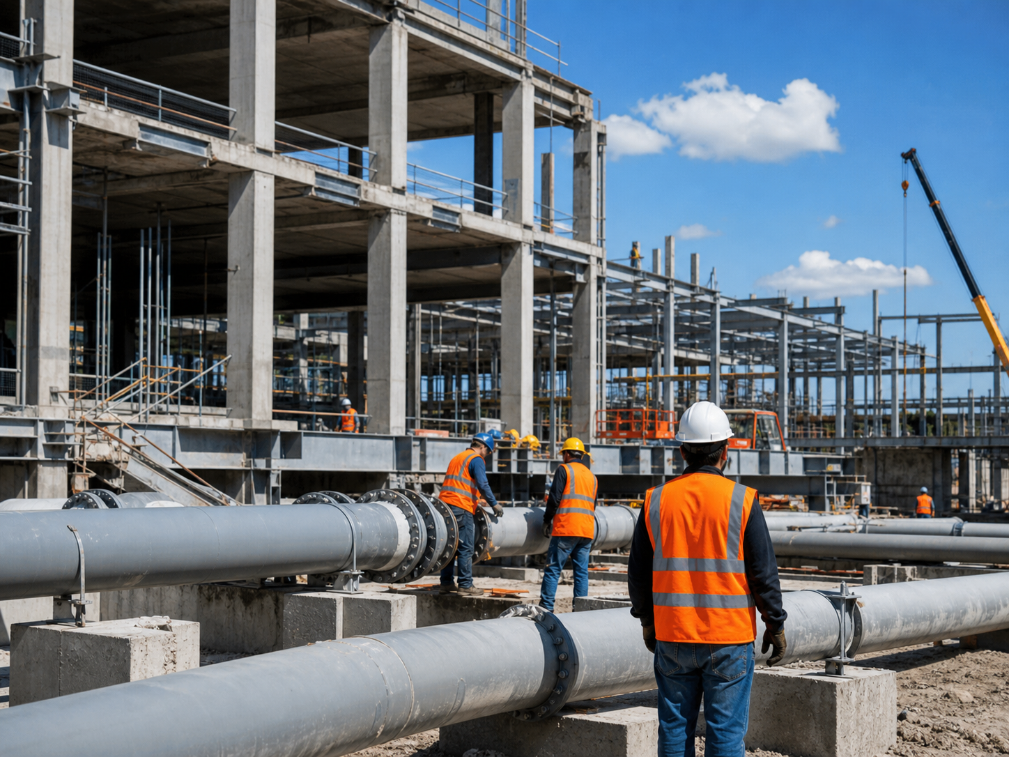 Construction site with industrial pipelines and workers
