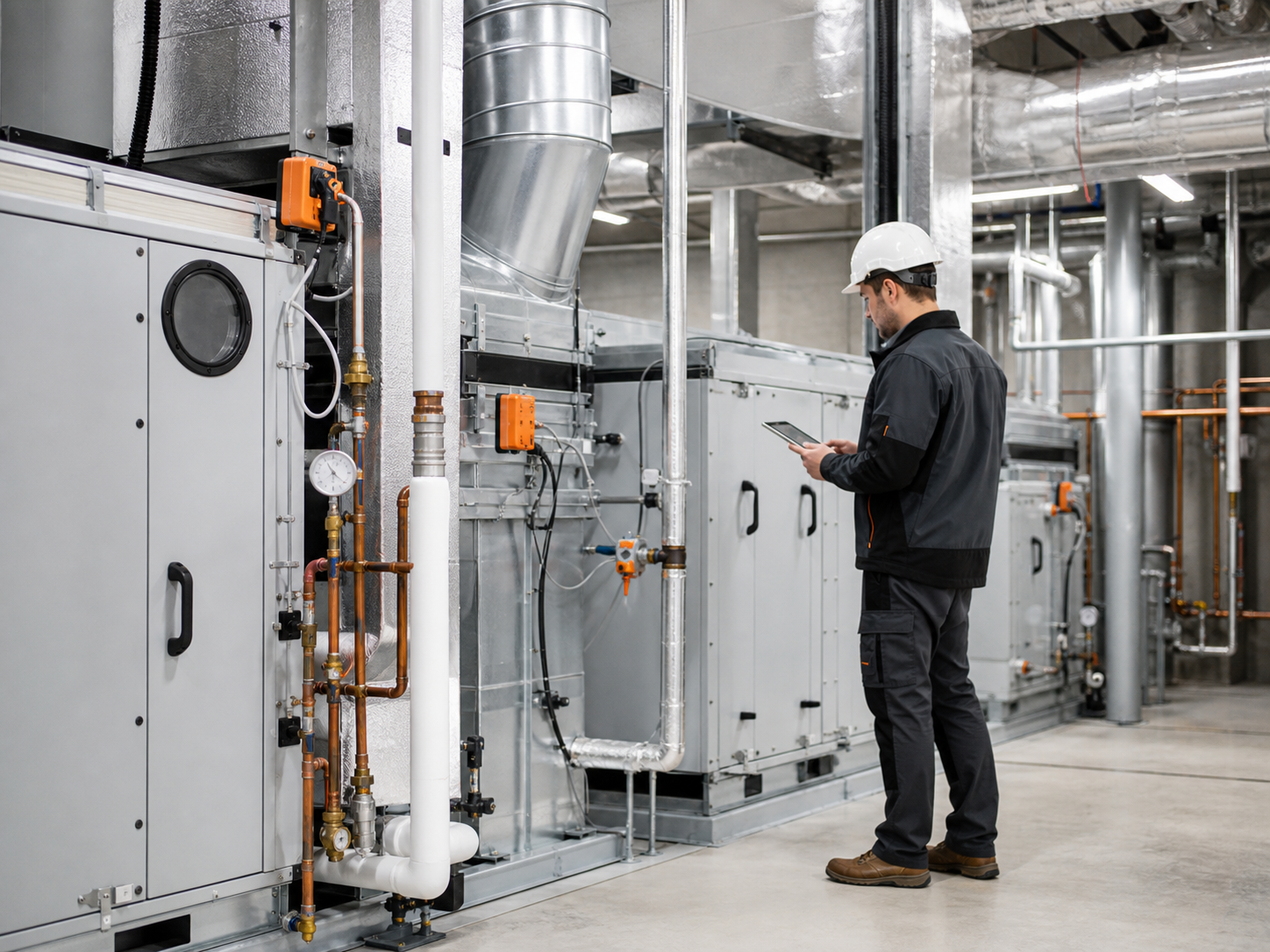 Technician inspecting a commercial HVAC system