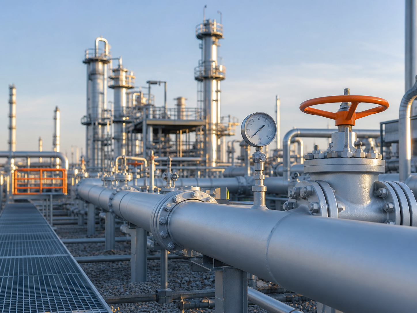 Oil and gas processing facility with industrial pipelines