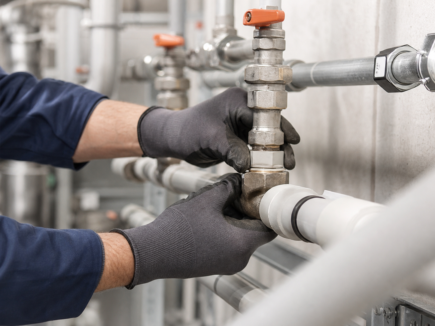 Technician working on plumbing and sanitation pipe fittings